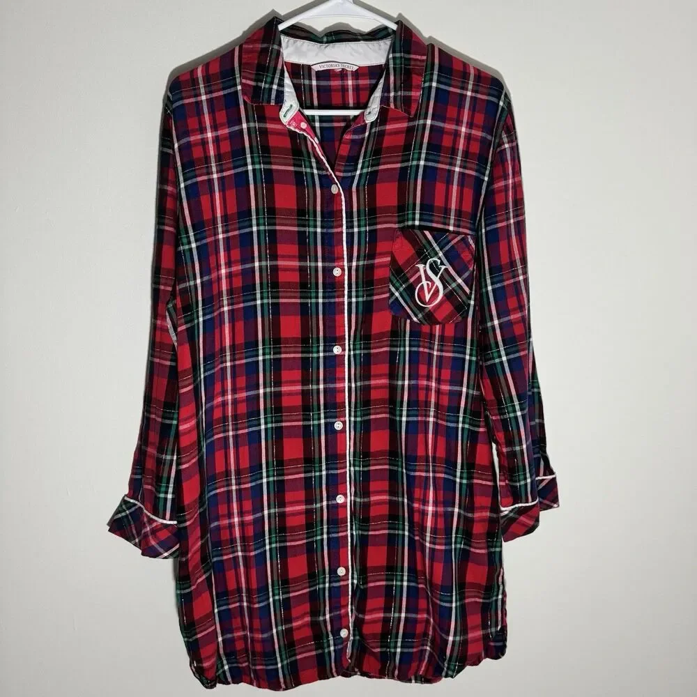 Victoria's Secret Plaid Flannel Sleep Shirt Button Down Nightgown Red Tartan